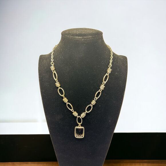 Silver Tone Chain And Square Faux Onyx Pendant 18” - Picture 5 of 5